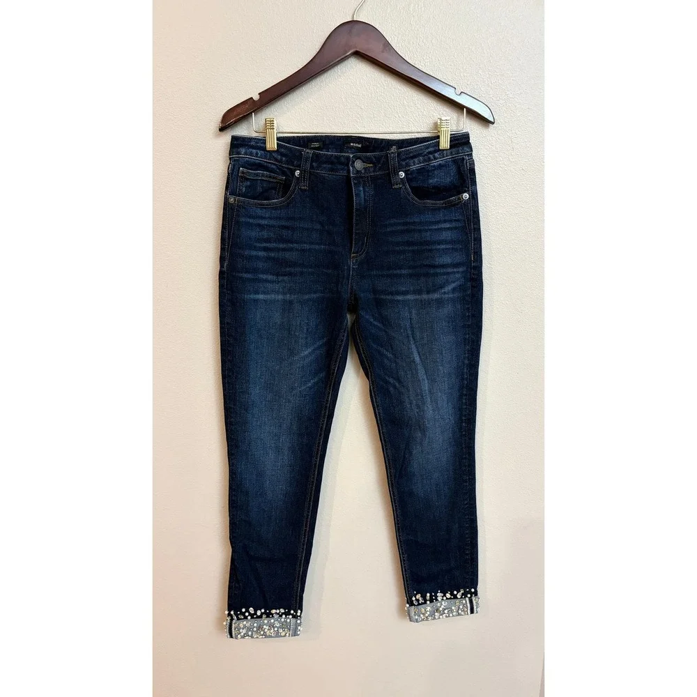 Miss Me Ankle Skinny Jeans 30 Pearl Rhinestone Embellished Cuff Dark Wash Denim